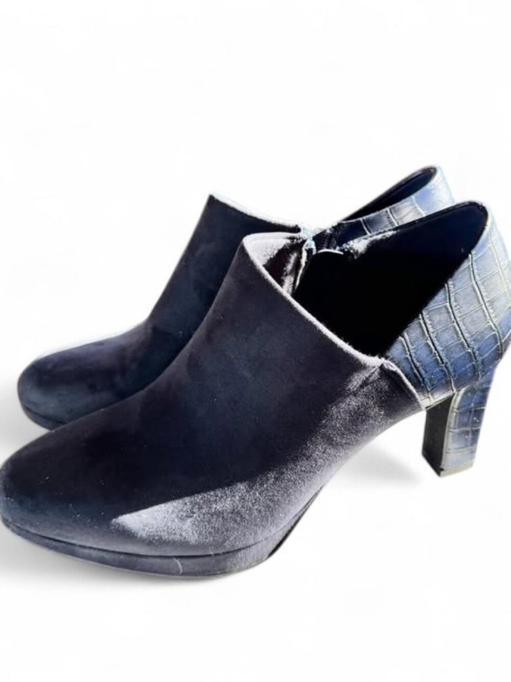 Women’s Navy Blue Suede Ankle Booties with Croc-Textured Heel, Size 11